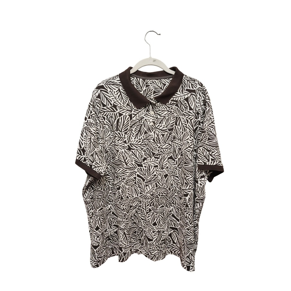 Lands End Mens 3X Polo Shirt Brown White Leaf Print Cotton Pique Short Sleeve